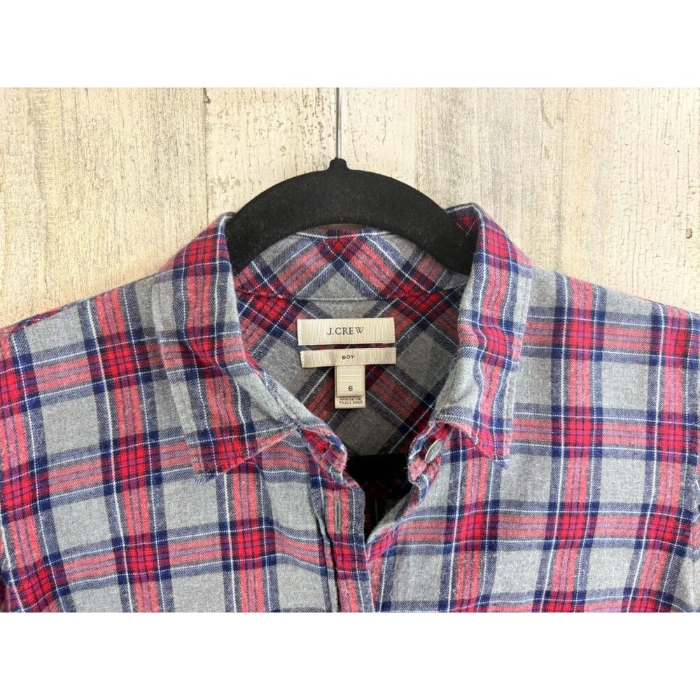 J Crew Boy Fit Plaid Flannel Button Down Shirt Gray Red Size 6 - Picture 5 of 10